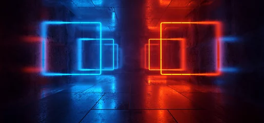 Futuristic Modern Cyber Laser Neon Square Lights GLowing Blue Orange Cement Grunge Room Corridor Tunnel Bunker Stage Podium Background 3D rendering © IM_VISUALS