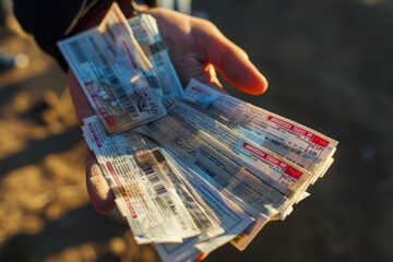 A top-down shot of a persons hand holding a bunch of newspapers - obrazy, fototapety, plakaty