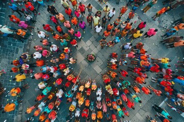 A crowd of individuals gathered in a circle, standing close together, at the climax of a parade in a bustling city square