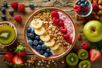 A bowl filled with a mix of fruits, nuts, and yogurt placed on a wooden table