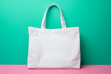 A green background sets off a blank white textile tote bag in a unique mockup