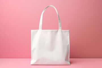 Mockup of a white blank textile tote bag, isolated on a pink background