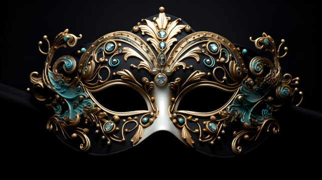 venetian carnival mask, A blue and gold masquerade mask with feathers and a diamond pattern.