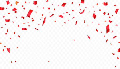 Luxury confetti flying for celebration party banner. Falling shiny red confetti isolated on transparent background. vector illustration. - obrazy, fototapety, plakaty