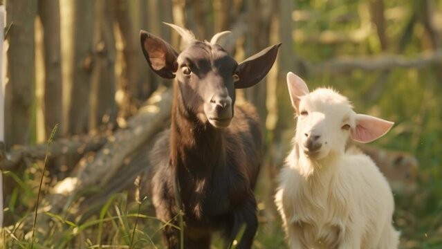 Baby and adult goats black brown white. 4k video animation