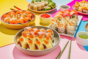 sushi set on the color background - obrazy, fototapety, plakaty