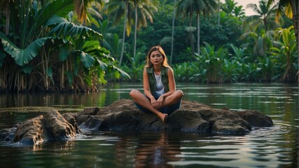 A woman sitting on a rock in the middle of a river. Generative AI.