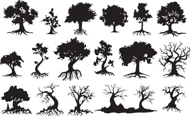 Silhouette vector of tree and root on white background
