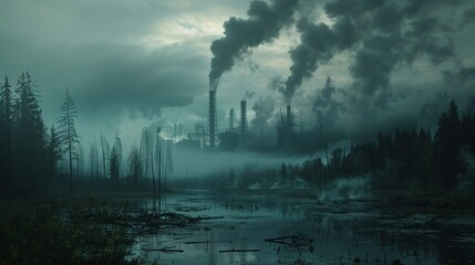 Smokestacks bellowing industrial emissions, overconsumption draining souls, wetlands disappearing ,close-up,high resulution