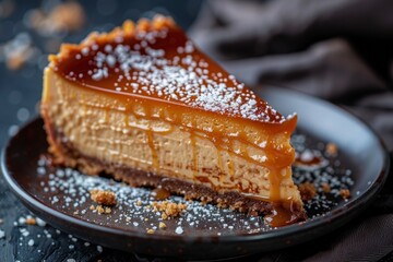 Gourmet caramel cheesecake slice on dark plate, dusted with powdered sugar