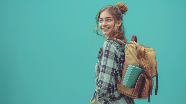 portrait Happy young woman wearing a backpack while carrying books and notebooks to college on teal color background professional photography