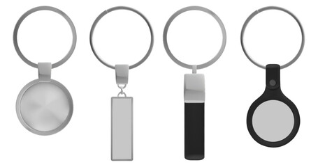 Silver blank key chair ring template vector design. Isolated metal keyring round mockup for branding, car lock or home. Rectangular empty frame tag and magnetic label for identity and advertising