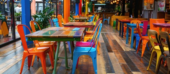 Vibrant wooden chairs in commercial area