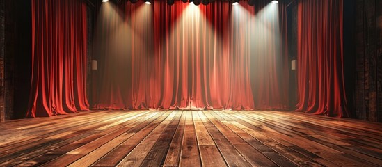 Stage with red curtain and wooden floor lit by spotlights