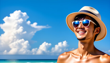 Happy young and handsome Asian tourist man wearing beach hat and sunglasses on blue sky background going to travel on holiday. Tourism, travel, beach vacation.