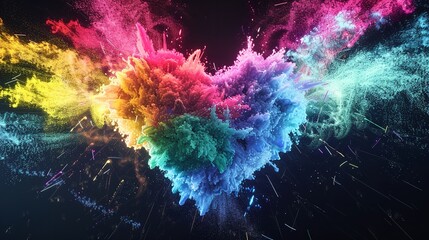 Abstract Colorful Heart Shape Explosion on Black Background - obrazy, fototapety, plakaty