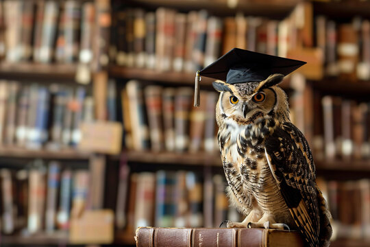 An owl, adorned with a graduate cap, studies in a library, embodying wisdom and scholarly pursuit with precisionism influence and avian-themed motifs.