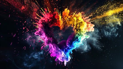 Abstract Colorful Heart Shape Explosion on Black Background