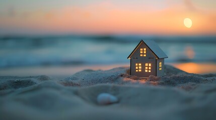 Little home model on dusk ocean side sand