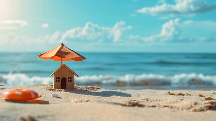 Little house and umbrella on sand ocean side blue ocean and sky on obscured background