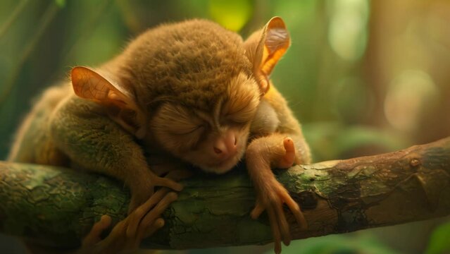 Small tarsier falling asleep sitting on branch. 4k video animation