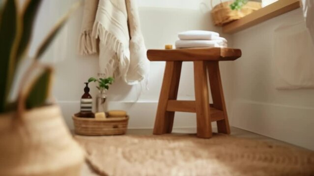 A cozy bathroom nook with a small wooden stool a woven rug and a few essential ries promoting a clutterfree and mindful approach to . .