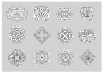 Set of vector Guilloch&eacute; rosettes outlines