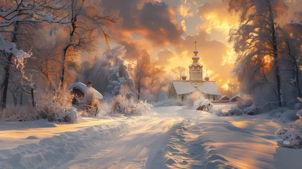 Deurstickers winter landscape dreamlike architecture abstract decorative painting © jinzhen