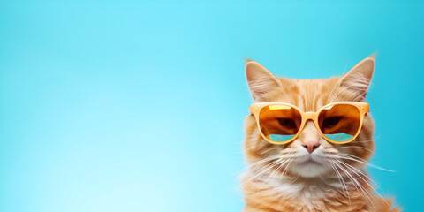 A cat enjoying summer with sun glasses  Photography with blue sky background
