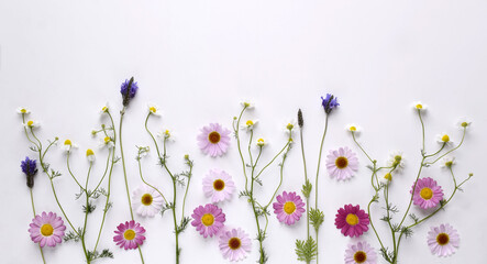 ハーブとマーガレットの花びらの背景、春の花とハーブのフレーム	