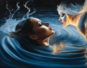 Elemental Embrace: Women Kissing in Fire and Water
