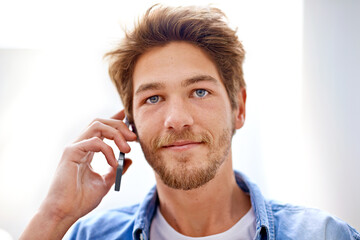 Phone call, conversation and portrait of man in home for chat, communication or listening to contact. Smartphone, talking and face of person on mobile for news, discussion or network in apartment