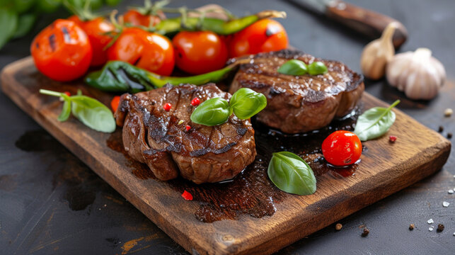 Succulent thick juicy portions of grilled fillet steak served with tomatoes and roast .Generative Ai