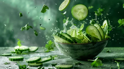 Foto op Plexiglas A dynamic image of cucumber slices and parsley leaves splashing water in a ceramic bowl © road to millionaire
