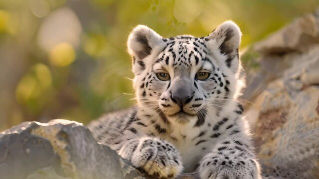 Young snow leopard. 4k video animation