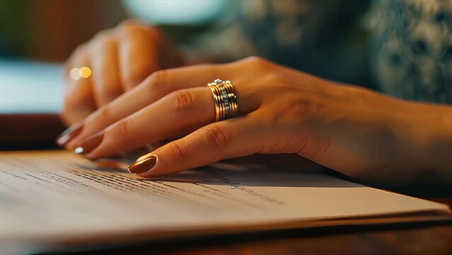 Close up of a woman's hand wearing wedding ring signing divorce papers