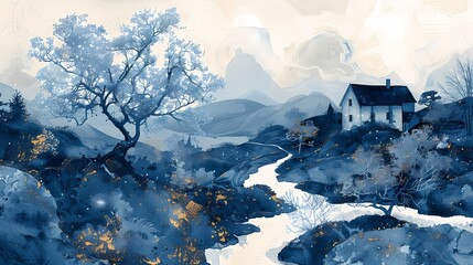 blue and white countryside landscape dreamlike architecture abstract decorative painting