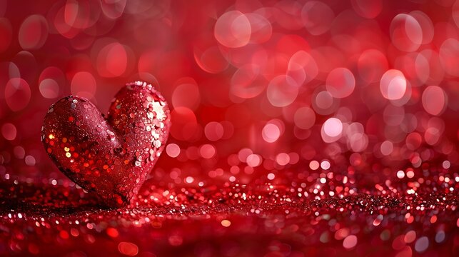 Red sparkled heart on red bokeh background