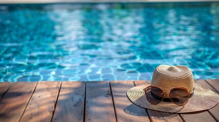 Obraz premium Shades and straw cap on the wooden floor at the pool