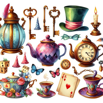 Cut out set of Watercolor Alice in Wonderland Clipart Set Mad Hatter's Tea Party Elements, Including Keys, Cards, and Tea Pot