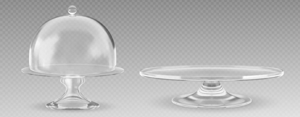 Cake glass stand with dome bell cover mockup. Realistic 3d vector illustration set of transparent plastic empty tray with cap. Dessert bakery cloche pedestal. Cylinder glassware showcase or platter - obrazy, fototapety, plakaty