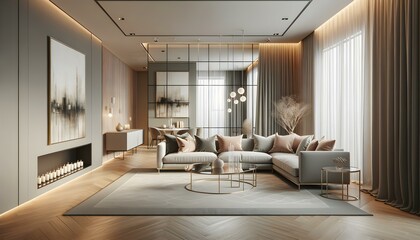 Home interior design of modern living room with elegant neutral-toned furniture and accent lighting