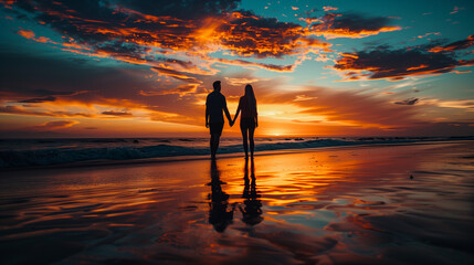 Romantic Sunset Stroll: Couple in Love Holding Hands, Walking Along Beach at Sunset, Enveloped in Warmth of Evening Glow