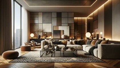 Fototapeta premium Home interior design of modern living room with cozy seating area and warm lighting.