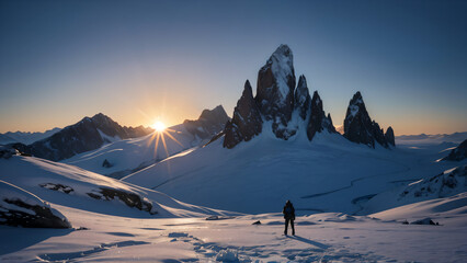 An icy landscape under the glow of an alien sun, with frozen mountains and rocky terrain. - obrazy, fototapety, plakaty
