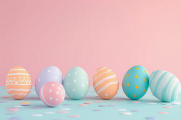 Fototapeta na wymiar A row of colorful eggs are lined up on a pink background. The eggs are of different colors, including blue, green, and yellow. Concept of joy and celebration