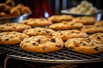 Freshly baked chocolate chip cookies on cooling rack