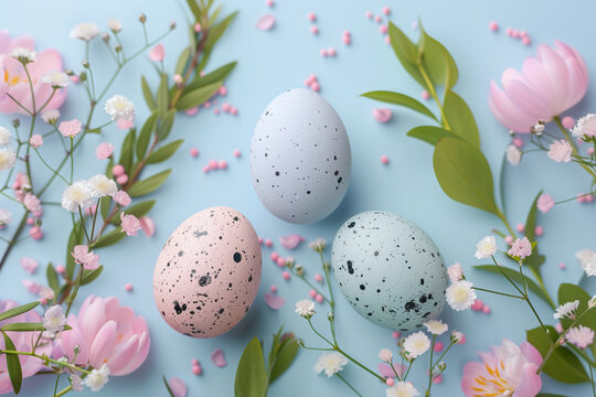 A blue background with a row of colorful eggs on it. The eggs are of different colors, including pink, yellow, and green. Concept of celebration and joy, as it is likely an Easter-themed image