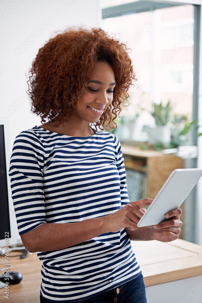 Poster creative, office and black woman with tablet for online research or communication on email. professi