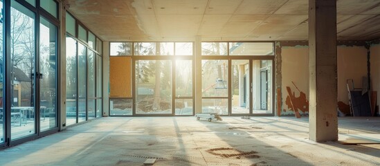 Residential house being built with large windows. Unfinished construction of an empty room.